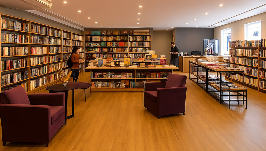 Interior da Livraria das Perdizes com estantes, mesas de livros e poltronas