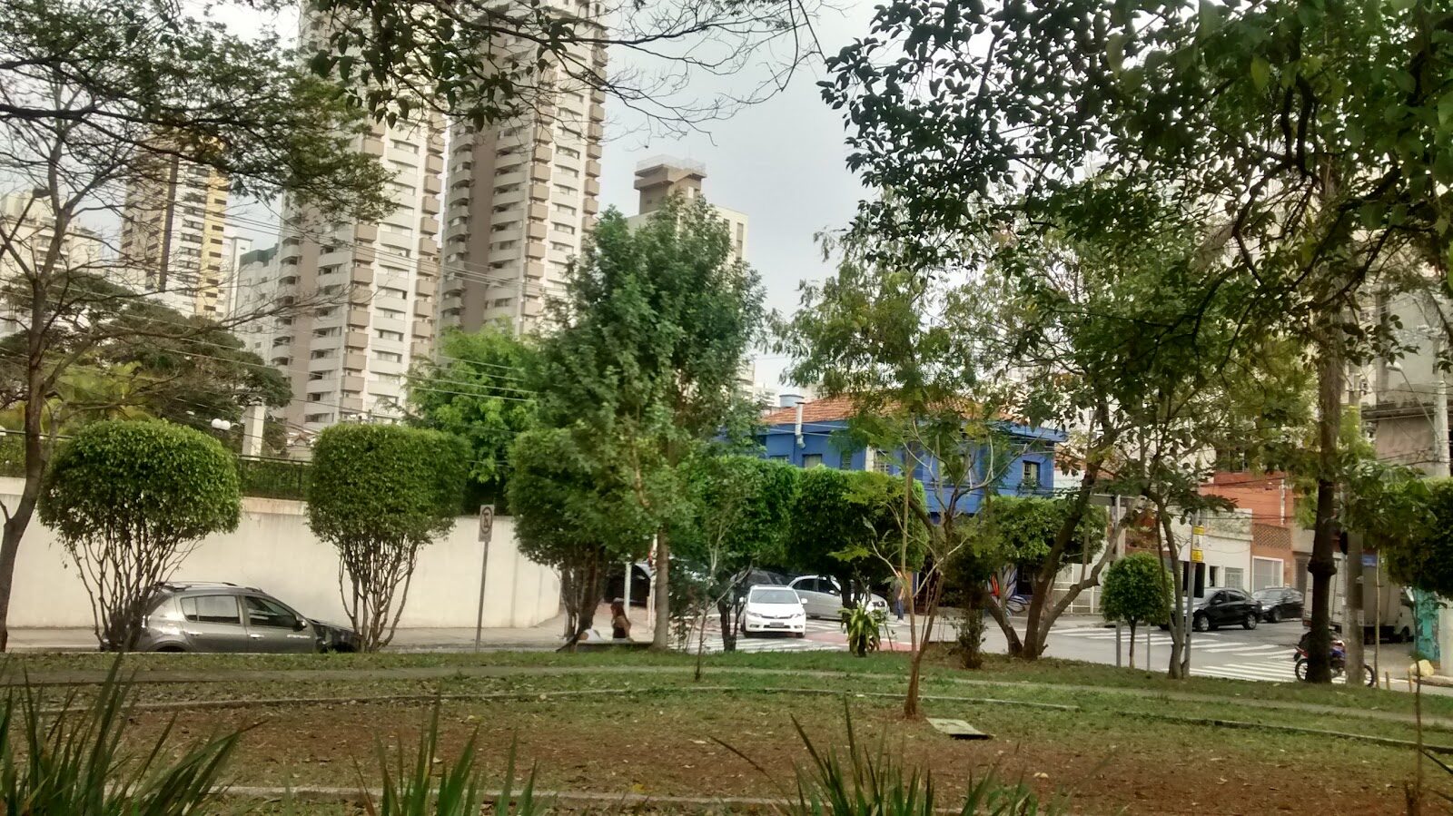 Árvores e canteiro da Praça Daniel Berciano Villasol com prédios e ruas do entorno